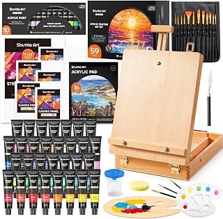 Shuttle Art Acrylic Paint Set, 59 Pack Professional Painting Supplies with Wood Tabletop Easel, 30 Colours Acrylic Paint, Canvas, Brushes, Palette, Complete Paint Sets for Adults, Kids, Artists