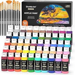 Shuttle Art 100 Colors Acrylic Paint, 129 Pack Acrylic Paint Set with 2 Sets of 12 Paint Brushes, 2oz/60ml Bottles, Premium Paints, Great for Artists, Beginners on Canvas Rocks Wood Ceramic
