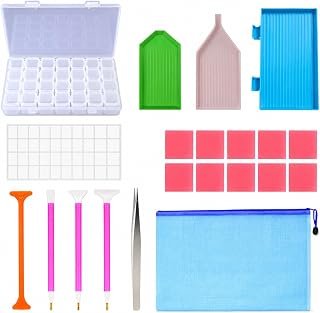 5D Diamond Painting Accessories Kit, 28-Grid Storage Box with Diamond Art Tools, Drill Pens, Trays, Wax, Tweezers, Labels & Portable Bag for Diamond Painting, DIY Crafts and Bead Storage