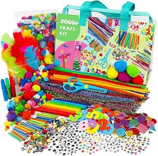 Arts and Crafts Supplies for Kids – 2000pcs+ DIY Projects Case Filled with Pom Pom Box Craft Kit Library, Beads, Buttons, Scissors, and Pipe Cleaners with Easy Instructions for Kid Age 4 5 6 7 8-12 Gifts Arts Activities