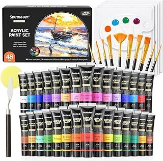 Shuttle Art 48 Pack Acrylic Paint Set, 30 Colours Acrylic Paint (36ml) with 10 Brushes 5 Canvas 1 Paint Knife 1 Palette 1 Sponge, Complete Set for Kids, Adults Painting on Canvas Rocks Wood Ceramic