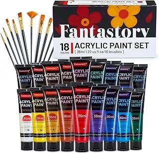 Fantastory 36ml 18 Colors Acrylic Paint Set with 10 Brushes
