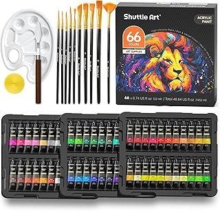 Shuttle Art 82 Pack Acrylic Paints Set, 66 Colours Acrylic Paint with 10 Brushes, 22ml/0.74oz Tubes, Vibrant Colours, Artist Painting Supplies for Kids, Adults Painting & Crafting on Canvas