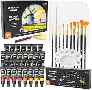 Shuttle Art 46 Pack Acrylic Paints Set, 30 Colours Acrylic Paint with 10 Brushes 3 Blank Canvas 1 Paint Knife 1 Palette 1 Sponge, Complete Set for Canvas Wood Ceramic, Perfect for Beginners Adults