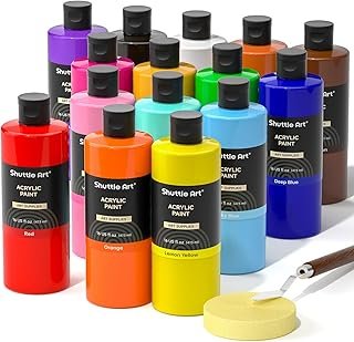 Shuttle Art Acrylic Paints, 15 Colours 473ml/16oz Bottles, Rich Pigmented