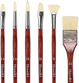 Oil Paint Brush Set,6 Pcs Natural Hog Bristle Artist Paintbrush for Oil Acrylic Gouache Painting,Include Round, Filbert,Flat,Fan,Wide Flat Shape Brush Ideal for Beginner & Artists (6, Large)