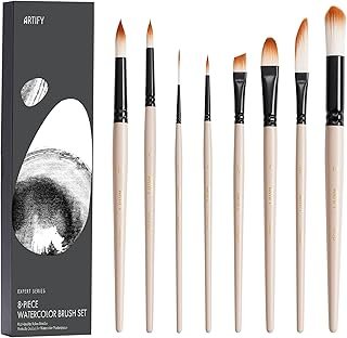 ARTIFY Water Brush Set, 8 Pcs Professional Paint Brushes with Case for Beginners and Artists, Various Shapes, Optimized Hairs for Watercolor, Gouache, Ink, Tempera, and Fabric Painting