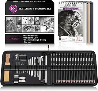 HIFORNY 58 PCS Drawing Kit Sketching Pencil Set,Sketch Pencils Art Supplies with 3-Color Sketchbook,Graphite,Charcoal,Blending Tools,Drawing Pencils for Adults Artists