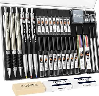 STAGEEK Mechanical Pencils Set with Case 34 Pieces Drawing Pencils 0.02, 0.03, 1.1mm & 3 x 2.0mm Sketch Pencils with 384 Lead Refills (6B 4B 2B HB 2H 4H Colour) for Artist Drawing