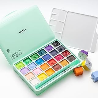 HIMI Gouache Paint Set, 24 Colors x 30ml Unique Jelly Cup Design,with 3 Pieces Hog Bristle Paint Brushes,Portable Case with Palette for Artists,Gouache Watercolor Painting(Green)
