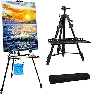 NewZeal Artist Easel Stand Painting Stand Art Easel, 20" to 61" Art Easel for Painting Canvase & Displaying, Aluminum Adjustable Height Display Tripod with Portable Bag/Folding Keg/Apron.(Black)
