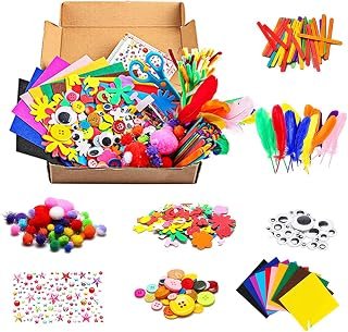 1000Pcs DIY Art Craft Kit for Kid Handmade Supplies Kit Project Scrapbook Craft Kit Flash Pompoms, Feathers, Buttons, Children's Sequins Art Supplies, Pipe Cleaner