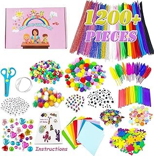 1200pcs+ Arts and Crafts Supplies for Kids – DIY Projects Case Filled with Pom Pom Box Craft Kit Library, Beads, Buttons, Scissors, and Pipe Cleaners with Easy Instructions Craft for Kids Ages 4-8 Girls & Boys Birathday Gifts
