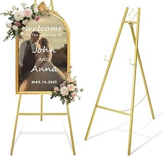 43.7" Gold Easel Stand for Wedding Sign, Floor Easel for painting, 4 Adjustable Height Levels, Assembly Required, Heavy Duty Metal Display Stand for Art, Welcome Signs, Posters