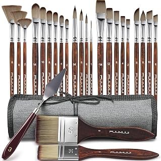25 Pcs Paint Brush Set with Cloth Roll Case, Professional Series, Synthetic Acrylic Paint Brushes with Flat, Filbert, Fan, Dagger, Cat Tongue, Round, Angle, Rigger for Oil, Acrylic Canvas Paintings