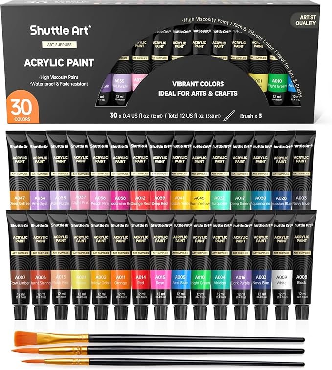 Shuttle Art Acrylic Paint Set, 30 x 12ml Tubes Rich Pigments