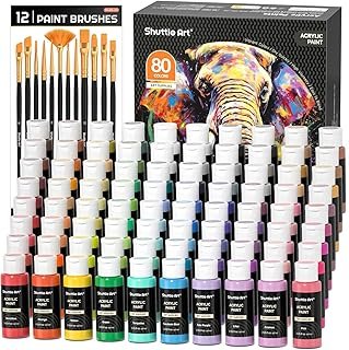 Shuttle Art 100 Colors Acrylic Paint, 129 Pack Acrylic Paint Set with 2 Sets of 12 Paint Brushes, 2oz/60ml Bottles, Premium Paints, Great for Artists, Beginners on Canvas Rocks Wood Ceramic