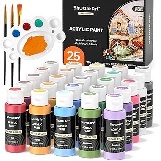 Shuttle Art 100 Colors Acrylic Paint, 129 Pack Acrylic Paint Set with 2 Sets of 12 Paint Brushes, 2oz/60ml Bottles, Premium Paints, Great for Artists, Beginners on Canvas Rocks Wood Ceramic
