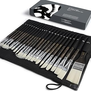 ARTIFY 24 Pieces Synthetic Hog Bristle Nylon Paint Brush Set- Expert Series Paintbrushes for Acrylic, Oil – No Shedding, Canvas Roll Case, Artist Gifts Art Supplies