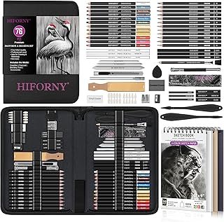 HIFORNY 76 PCS Drawing Set Sketching Kit,Sketch Pencils Art Supplies with Graphite,Charcoal,Blending Tools & Accessories,Portable Zippered Travel Case for Artists & Beginners