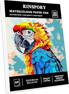 KINSPORY A4 Watercolour Paper Pad, 300GSM, 30 Sheets Cold Pressed Acid-Free Art Paper, Glue Bound Thick Watercolour Sketchbook, Portable Mixed Media Drawing Book for Kids Adults Beginners Artists, Perfect for Home Outdoor Travel Hiking Sketch Creatio