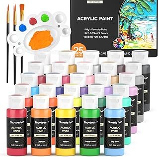 Shuttle Art 100 Colors Acrylic Paint, 129 Pack Acrylic Paint Set with 2 Sets of 12 Paint Brushes, 2oz/60ml Bottles, Premium Paints, Great for Artists, Beginners on Canvas Rocks Wood Ceramic