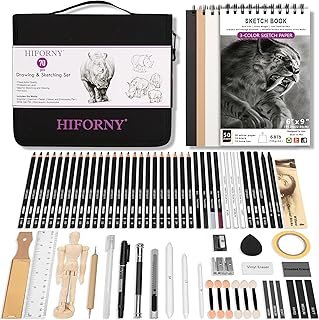 HIFORNY 70 Pcs Drawing Set Sketching Kit - Sketch Pencils Art Supplies for Adults Artists Kids with 3-Color Sketchbook,Graphite,Pastel,Charcoal Pencils,Blending Tools