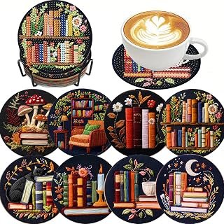 8 Pack Diamond Art Coasters Kits, Books Diamond Painting Coasters Kit Set with Holder Cork Pads, DIY Diamonds Art Non Slip Coaster Crafts Kits for Adults Beginners