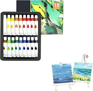 Acrylic Paint Set 18 Colors 12ml Tubes. Premium NonToxic Art Paints for Canvas Wood Rock Glass. Vibrant Pigments for Adults And Students. Complete Painting Supplies Kit