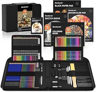 Shuttle Art Sketching and Drawing Pencils Set, 116 Pack Sketch Art Pencil Set with 4 Drawing Pads, Graphite Pencils in Zipper Case, Colouring Pencils for Artist Sketching, Art Set for Adults, Beginner