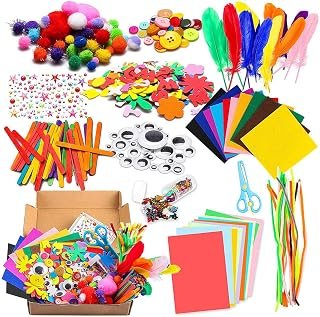 Arts and Crafts Supplies for Kids, 1000+Pcs Flash Pompoms, Feathers, Buttons, Children's Sequins Art Supplies, Pipe Cleaners, DIY School Supplies Kit, Girls Toys, Gifts for Girls and Boys