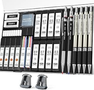 Four Candies 27PCS Art Mechanical Pencil Set with Case, 4PCS Metal Drawing Pencil 0.3, 0.5, 0.7, 0.9 mm & 2PCS 2mm Lead Holder (HB 2H 2B 4B Color) with 552 Graphite Lead Refills for Drawing Sketching