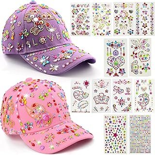 Gifts for Girls 4 5 6 7 8 9 10 12 Years Old, Decorate Your Own Baseball Cap with 12 Sheets Gems Stickers, Art & Crafts Kit for Kids, Fun Creative DIY Toys for Kids Girls