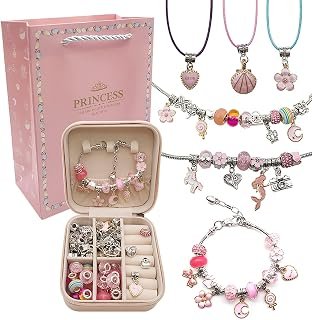 Bracelet Making Kit for Girls, IGGDOQI 68Pcs Charm Bracelets Kit with Jewelry Box, Jewelry Charms, Bracelets for DIY Craft, Jewelry Gift Adults and Kids, Present for 8-12 Year Old Girl (Pink)