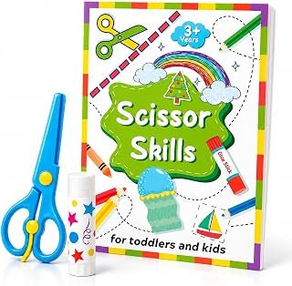 Toddler Scissor Skills Activity Book - Kids Arts and Crafts Kit with 48 Sheets, Safety Scissors & Glue, Fine Motor Preschool Learning Toys, Fun Educational Birthday Gifts for Boys & Girls Ages 3-7